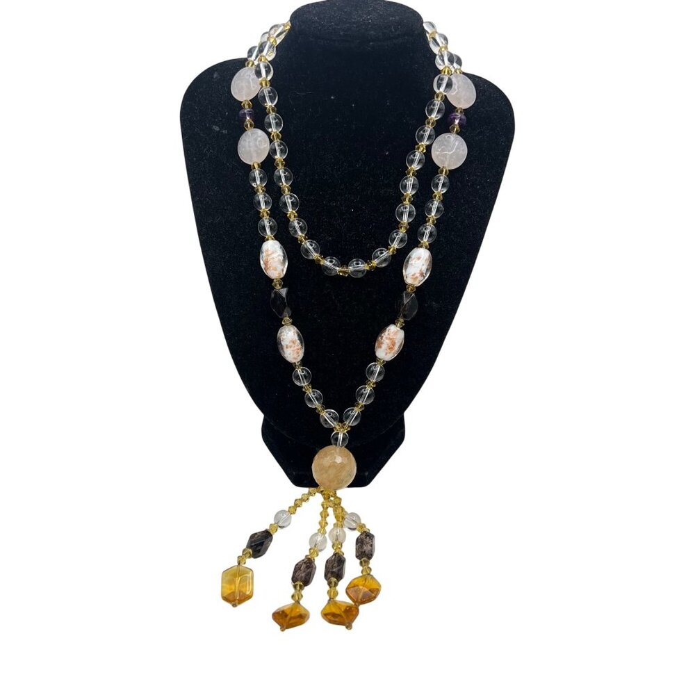 Artisan Glass Statement Necklace Opaline Foiled Beads 4" Tassel Pendant Vintage